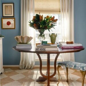 Schumacher Horizon Casement custom curtains 4 panels blue cream triple pleat